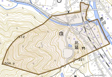 比延とその周辺の地図。町の範囲を重ねている