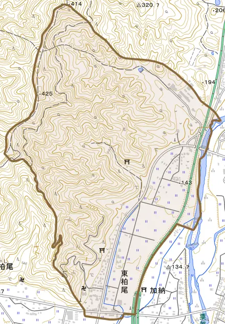 東柏尾とその周辺の地図。町の範囲を重ねている