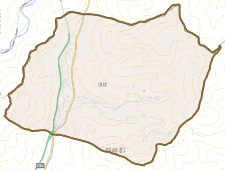 猪篠とその周辺の地図。町の範囲を重ねている
