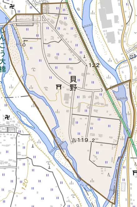 貝野とその周辺の地図。町の範囲を重ねている