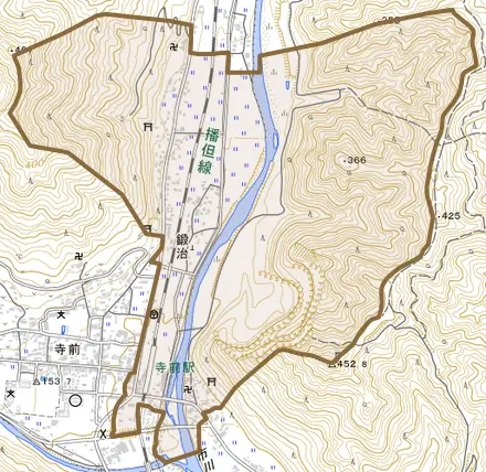 鍛治とその周辺の地図。町の範囲を重ねている