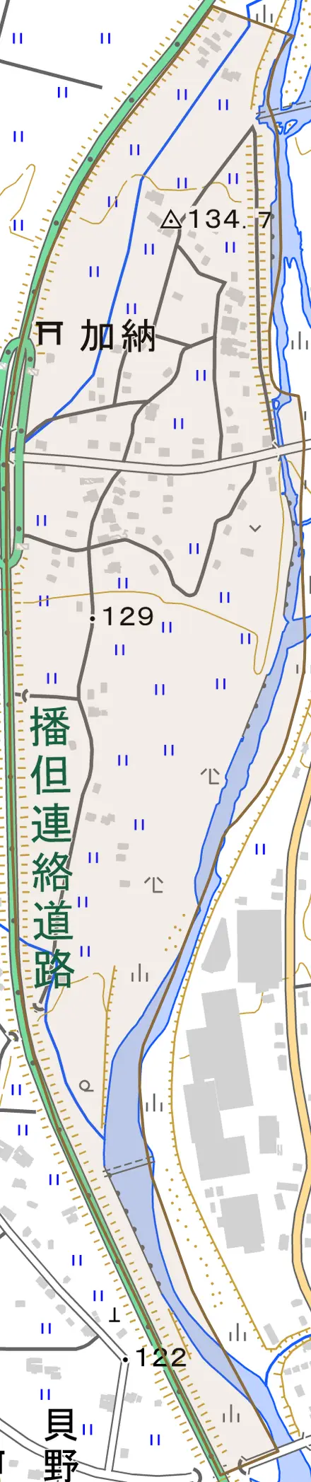 加納とその周辺の地図。町の範囲を重ねている