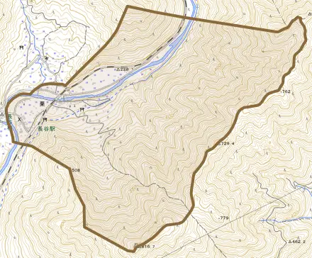 栗とその周辺の地図。町の範囲を重ねている