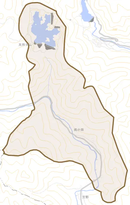 南小田とその周辺の地図。町の範囲を重ねている