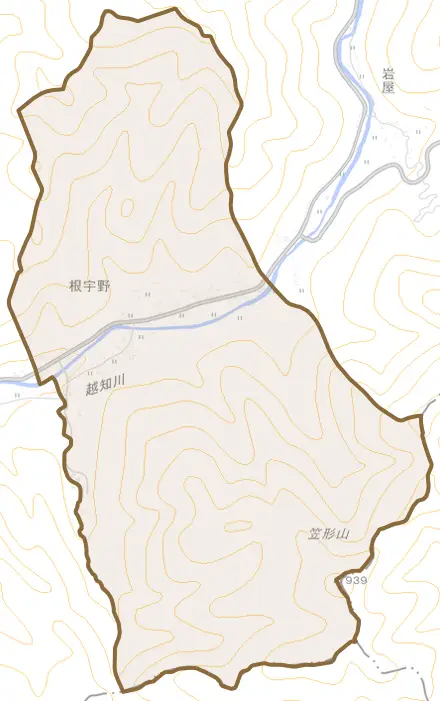 根宇野とその周辺の地図。町の範囲を重ねている