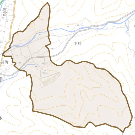 中村とその周辺の地図。町の範囲を重ねている