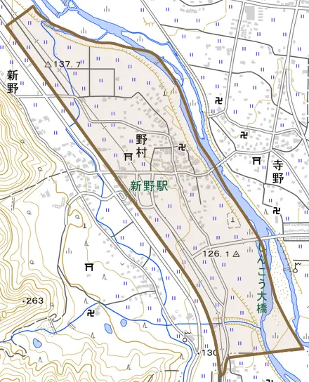 野村とその周辺の地図。町の範囲を重ねている