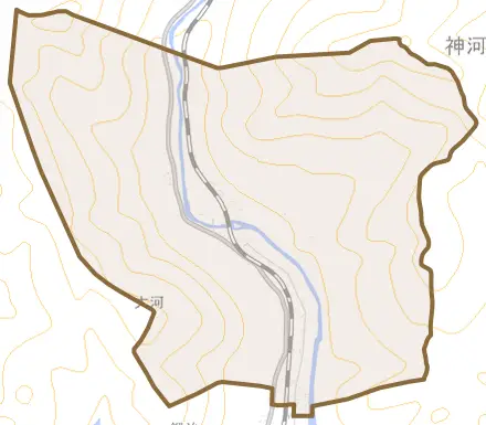 大河とその周辺の地図。町の範囲を重ねている