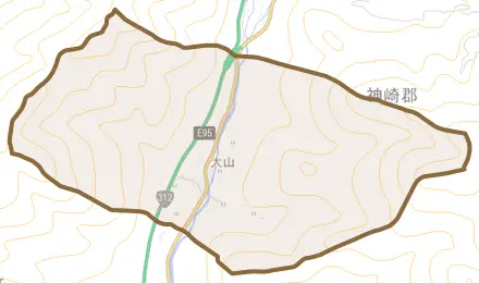 大山とその周辺の地図。町の範囲を重ねている