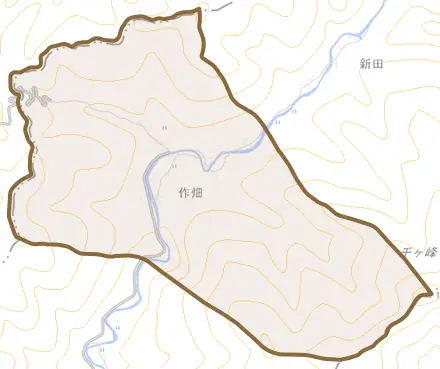 作畑とその周辺の地図。町の範囲を重ねている