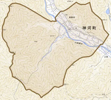 高朝田とその周辺の地図。町の範囲を重ねている