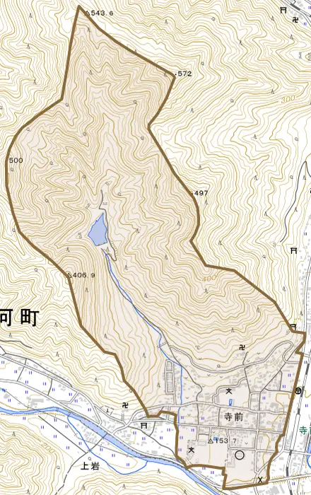 寺前とその周辺の地図。町の範囲を重ねている
