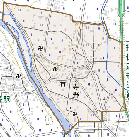 寺野とその周辺の地図。町の範囲を重ねている