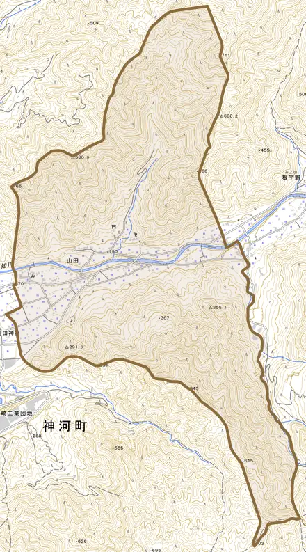 山田とその周辺の地図。町の範囲を重ねている