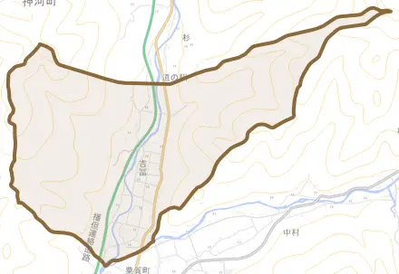 吉冨とその周辺の地図。町の範囲を重ねている