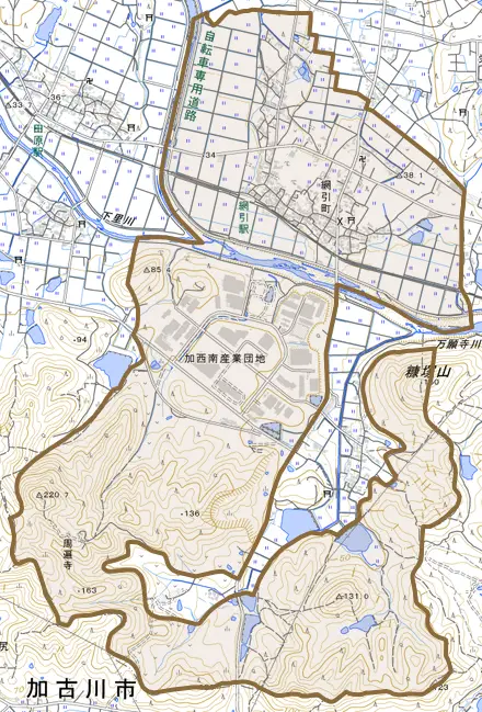 網引町とその周辺の地図。町の範囲を重ねている