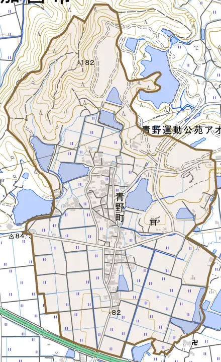 青野町とその周辺の地図。町の範囲を重ねている