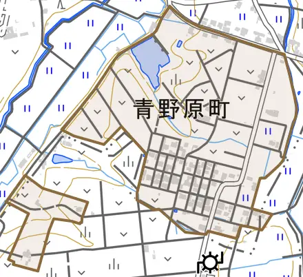 青野原町とその周辺の地図。町の範囲を重ねている