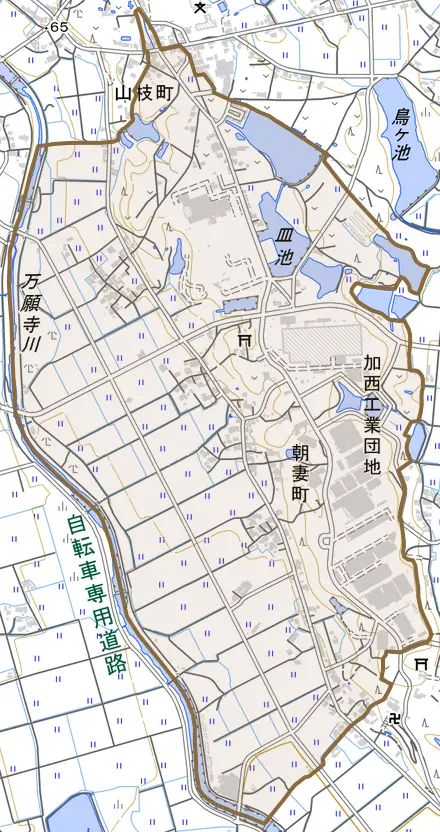 朝妻町とその周辺の地図。町の範囲を重ねている