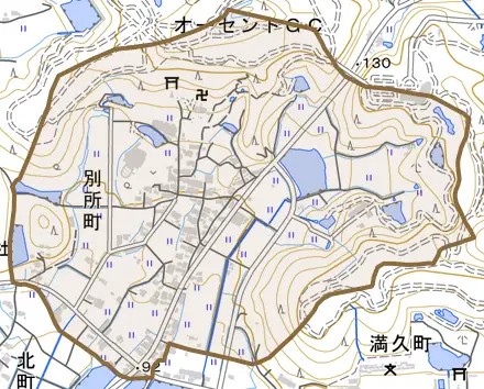 別所町とその周辺の地図。町の範囲を重ねている
