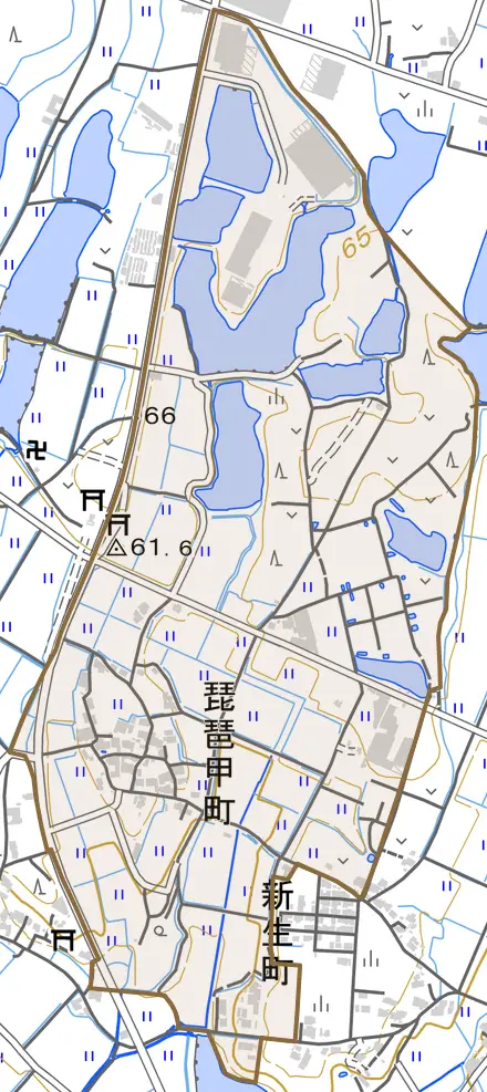 琵琶甲町とその周辺の地図。町の範囲を重ねている