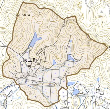 大工町とその周辺の地図。町の範囲を重ねている