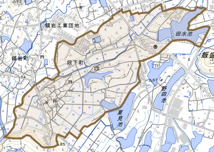 段下町とその周辺の地図。町の範囲を重ねている