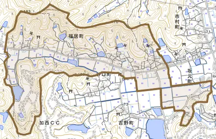 福居町とその周辺の地図。町の範囲を重ねている