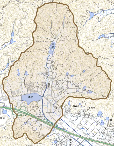 畑町とその周辺の地図。町の範囲を重ねている