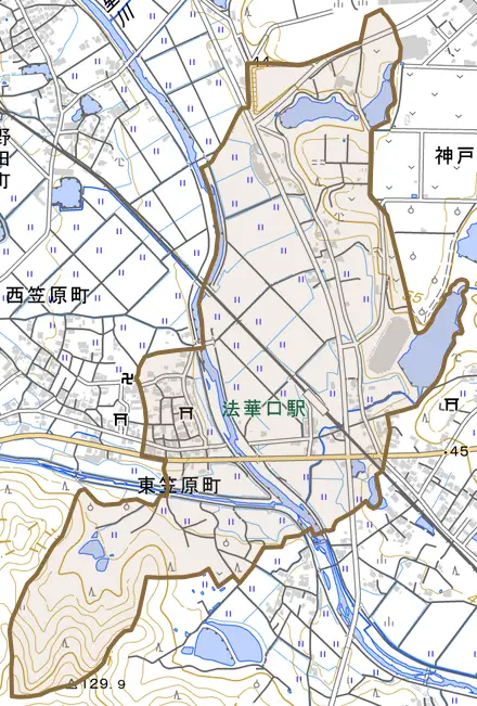 東笠原町とその周辺の地図。町の範囲を重ねている