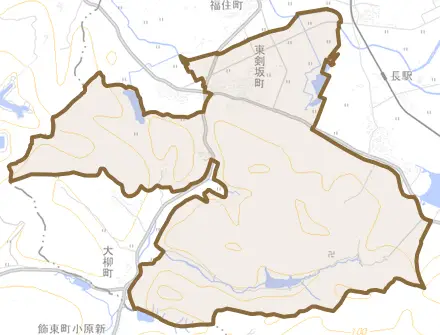 東剣坂町とその周辺の地図。町の範囲を重ねている