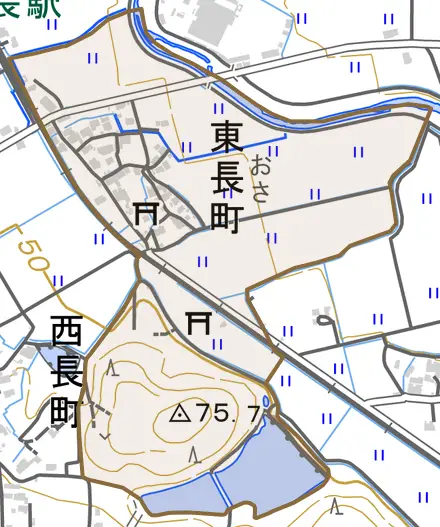 東長町とその周辺の地図。町の範囲を重ねている