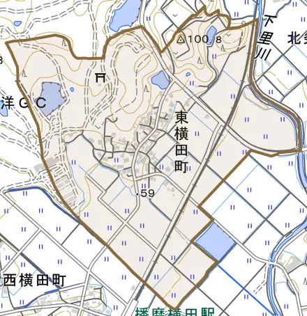 東横田町とその周辺の地図。町の範囲を重ねている
