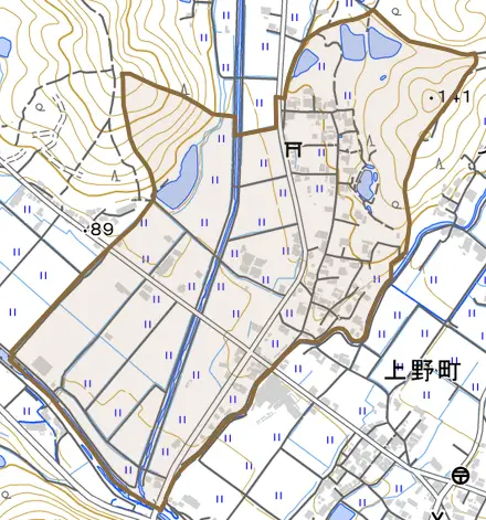広原町とその周辺の地図。町の範囲を重ねている