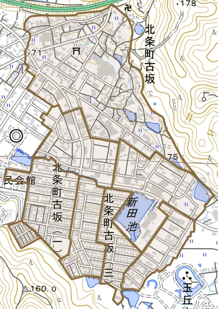 北条町古坂とその周辺の地図。町の範囲を重ねている