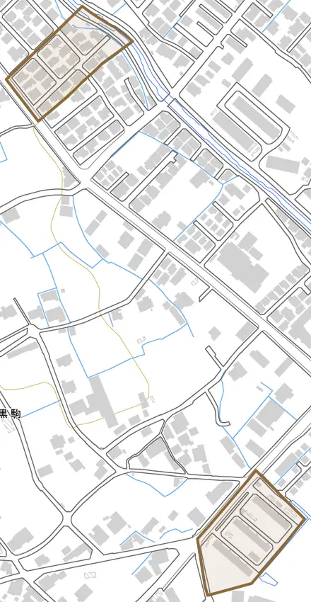 北条町北条とその周辺の地図。町の範囲を重ねている