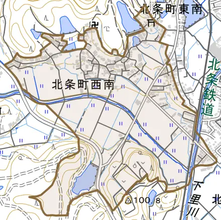 北条町西南とその周辺の地図。町の範囲を重ねている