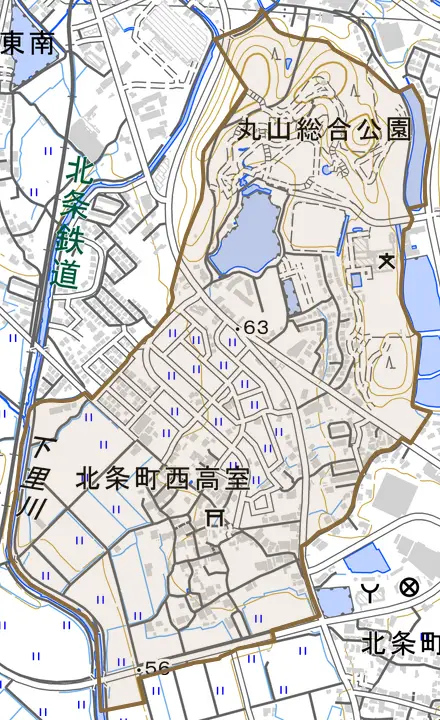 北条町西高室とその周辺の地図。町の範囲を重ねている