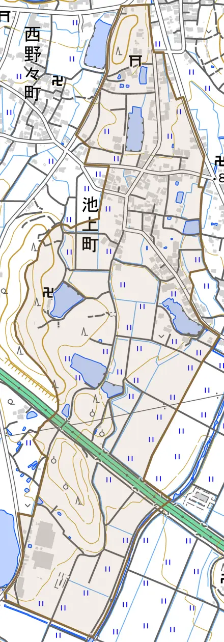 池上町とその周辺の地図。町の範囲を重ねている