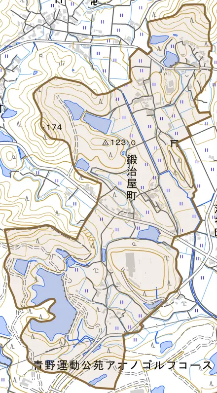 鍛治屋町とその周辺の地図。町の範囲を重ねている