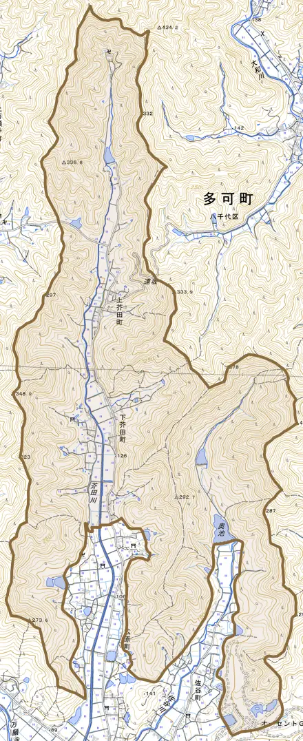 上芥田町とその周辺の地図。町の範囲を重ねている