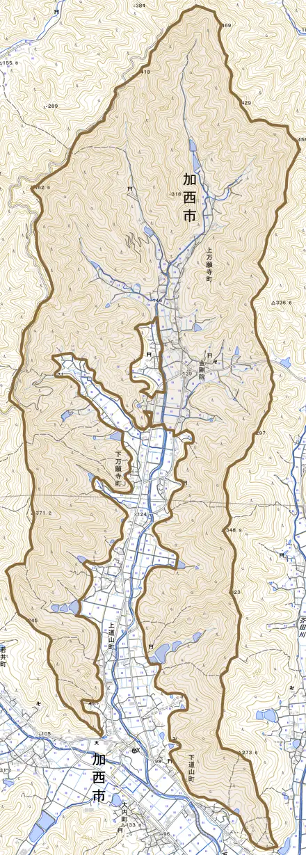 上万願寺町とその周辺の地図。町の範囲を重ねている