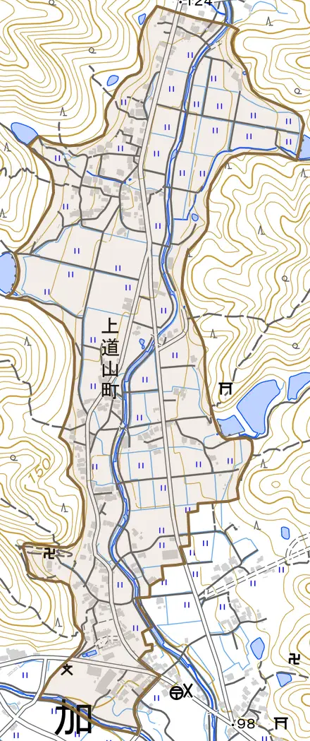 上道山町とその周辺の地図。町の範囲を重ねている