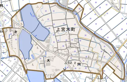 上宮木町とその周辺の地図。町の範囲を重ねている