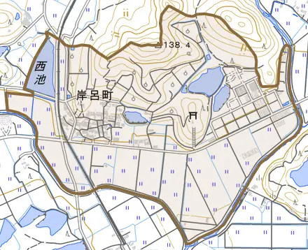 岸呂町とその周辺の地図。町の範囲を重ねている