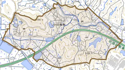 小印南町とその周辺の地図。町の範囲を重ねている