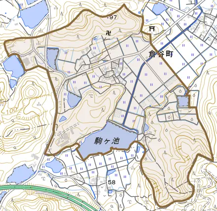 倉谷町とその周辺の地図。町の範囲を重ねている