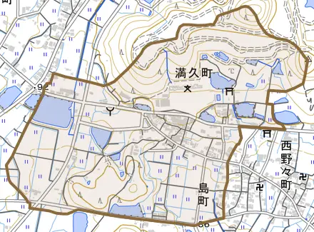 満久町とその周辺の地図。町の範囲を重ねている