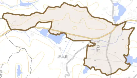 三口町とその周辺の地図。町の範囲を重ねている