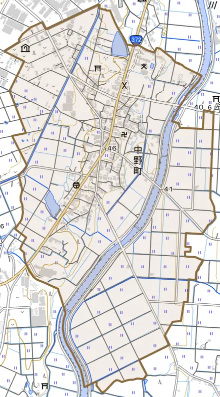 中野町とその周辺の地図。町の範囲を重ねている